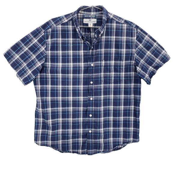 Old Navy Slim Fit Shirt Mens Extra Large Blue White Plaid Short Sleeve Button Up - Picture 1 of 10